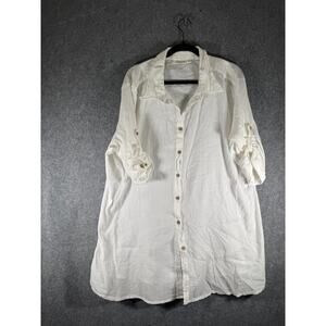 St John Bay Dress Women 3X Roll Sleeve White‎ Guaze Button Front Beachy Coastal